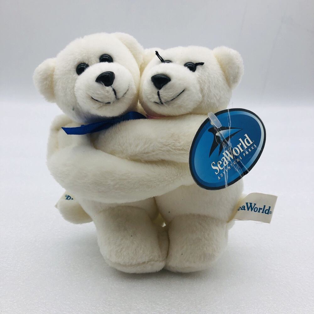 Hugging white Bear Plush Toy w/blue/pink Bow Set Stuffed Animal Detachable 4.5”